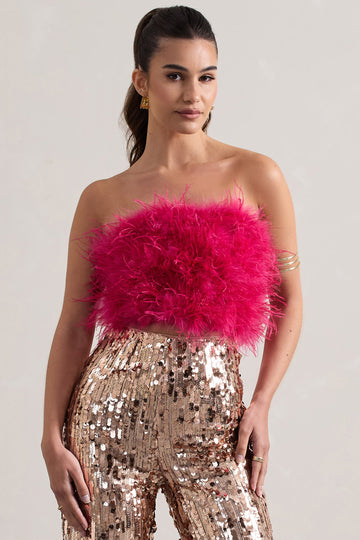 Dream Daze Dark Pink Strapless Feather Crop Top
